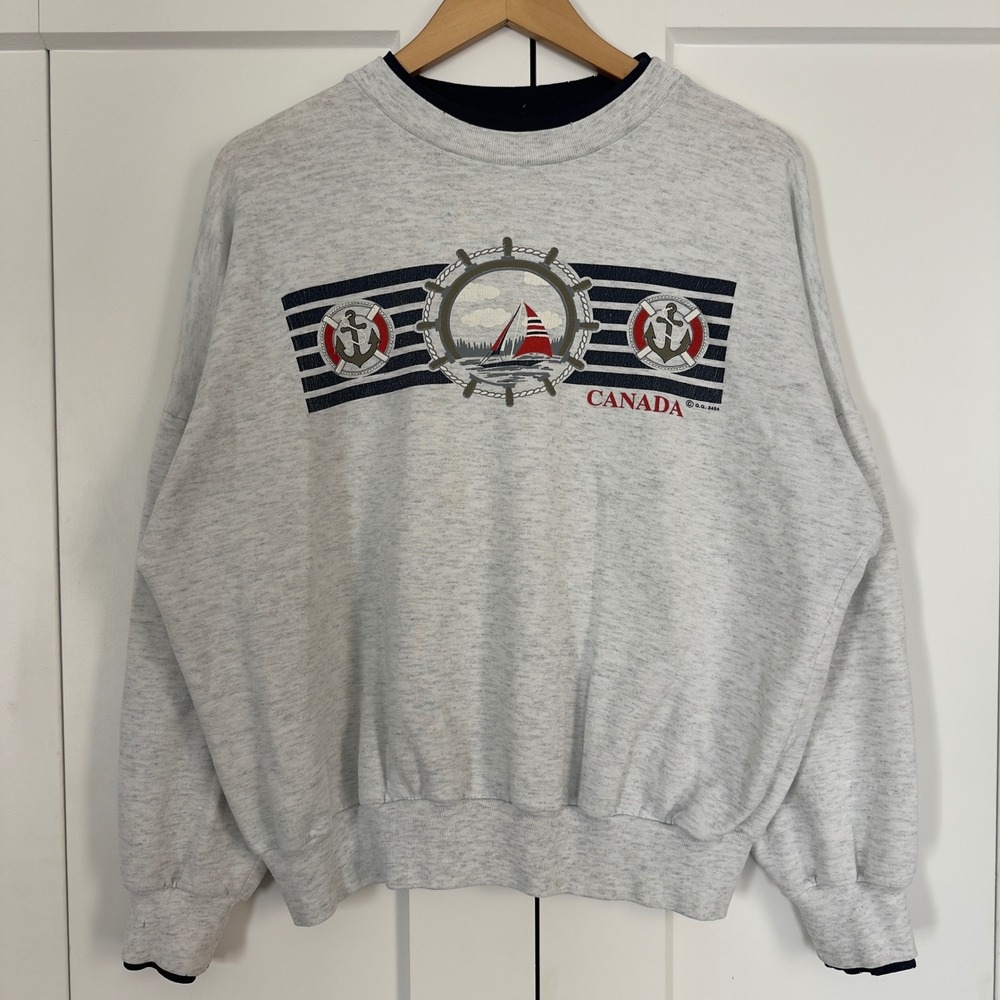 Vintage Mens Large Canada Nautical Graphic Sweatshirt Gray Sailing Anchor Cotton